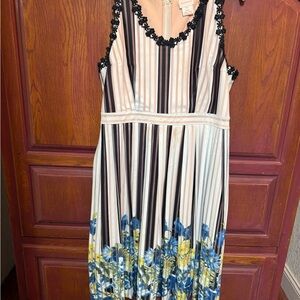 foxiedox Cream, Black & Blue Striped Maxi Dress with Floral Hem